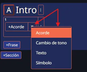 Editor submenu for choosing between chords, text notes, musical symbols, and key changes.
