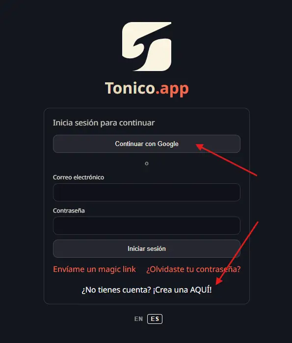 Tonico.app sign-in and first-time account creation screen.