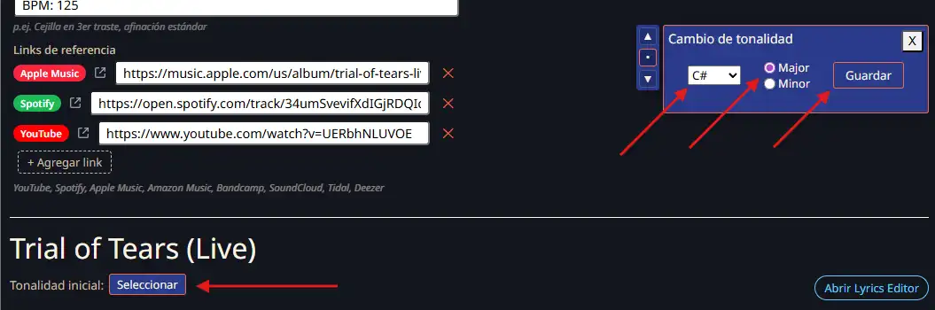 Setting the chart's starting key in the editor.