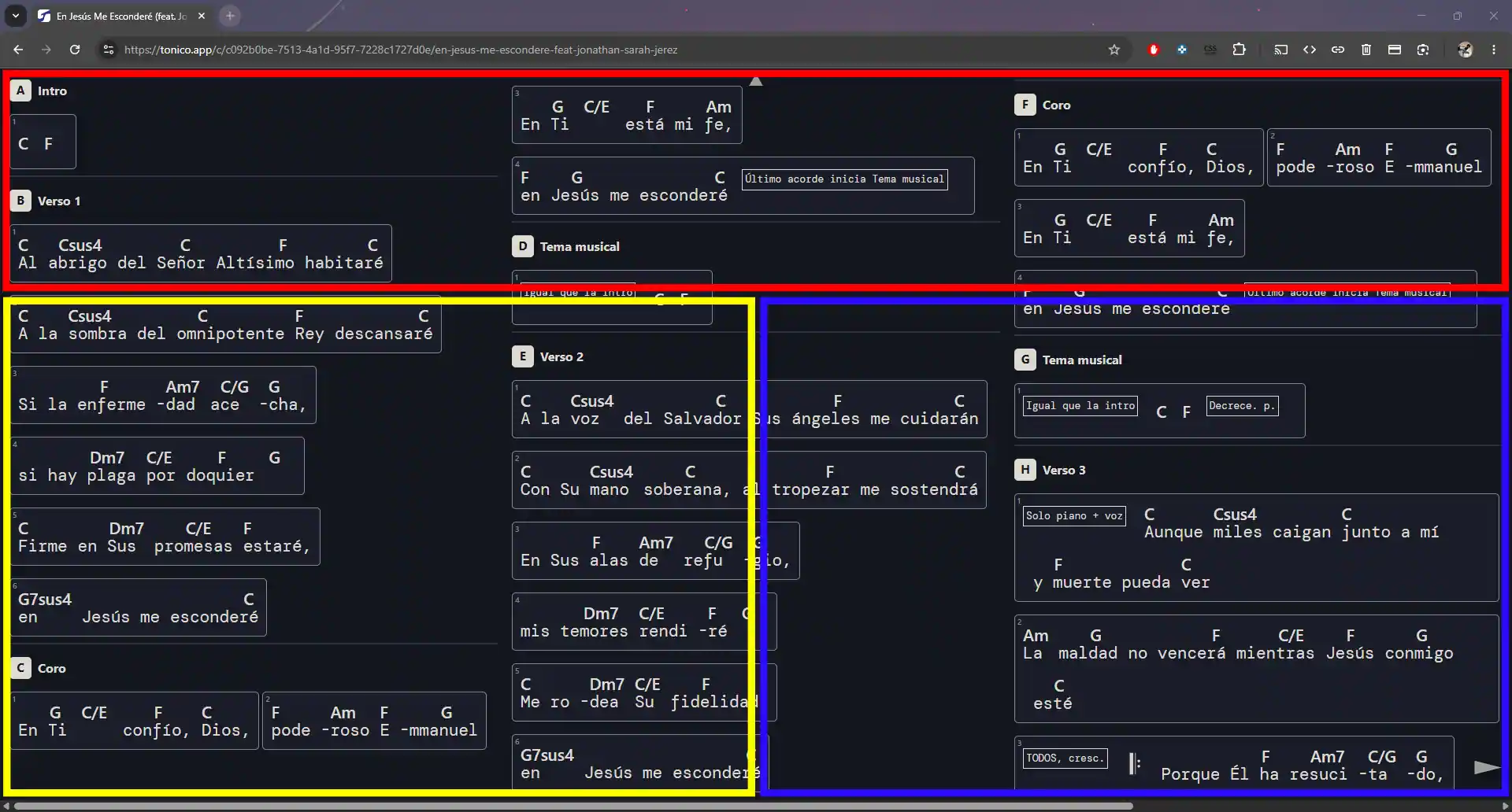 Tonico.app Chart Viewer highlighting the invisible control zones used in Play mode.